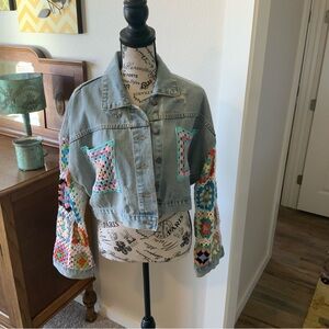Colorful Crochet Sleeve Jean Jacket